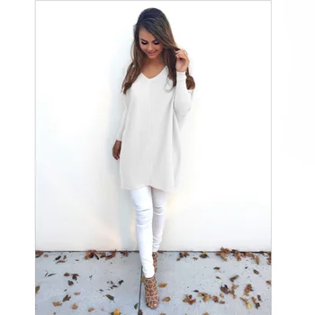 

New Spring 2019 V-Neck Long Sleeve Women Casual Sweaters White Black Knitted Pullover Loose Fashion Long Knitwear Women Tops