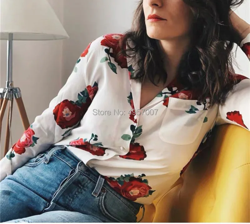 

Top Version Silk Flower Printed Long Sleeve Notched Neckline Shirt Top - 2019 Ladies Lapel Blouse Shirt