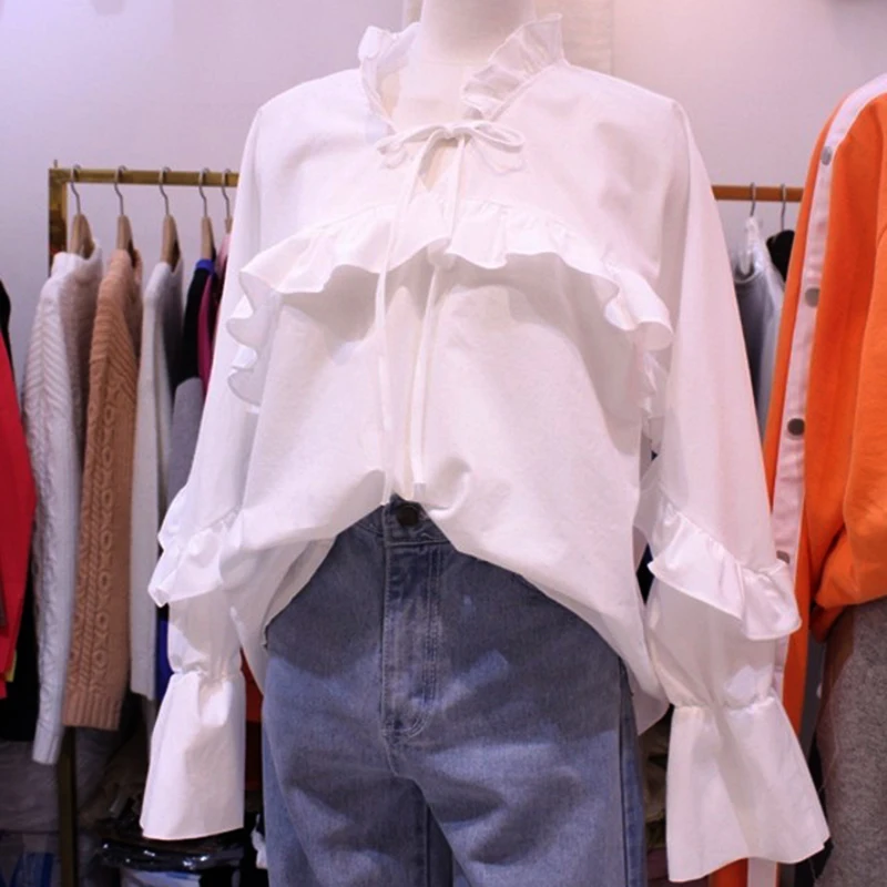 الكورية 2019 الربيع الكشكشة بلوزة النساء Kawali الحلو تي شيرتات قطن قمصان أنيقة النساء جديد