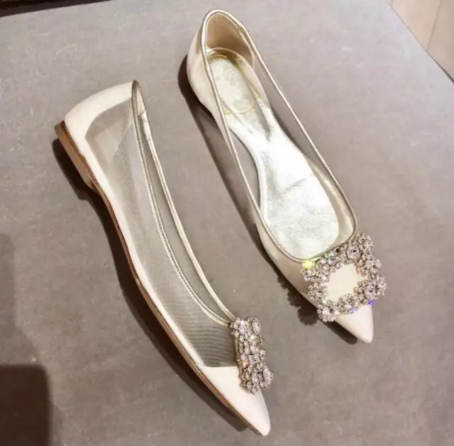 

European Square Crystals Shallow Mesh Patchwork White Women Flat Shoes Pointed Toe Slip-on Party/Wedding Shoes Women