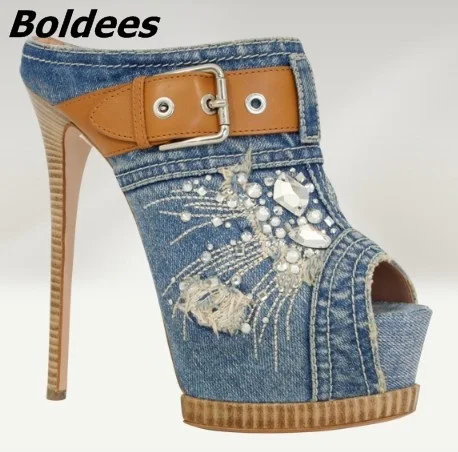 Boldees New Arrival Blue Denim Platform Slippers Women Stylish Jeans Crystal Buckle Decorated Peep Toe Sandals Stiletto HeelShoe women s stylish plunging neck lace bowknot decorated pleated babydolls