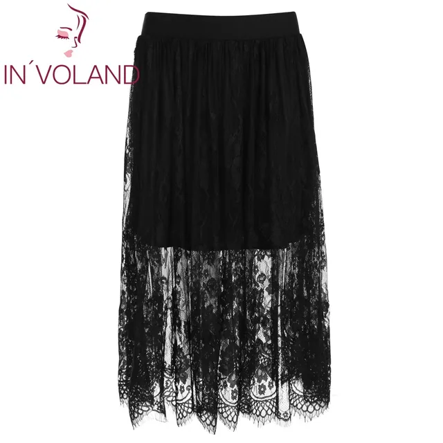 involand women skirt plus size solid elastic waist sheer floral plus size black skirt elastic waist