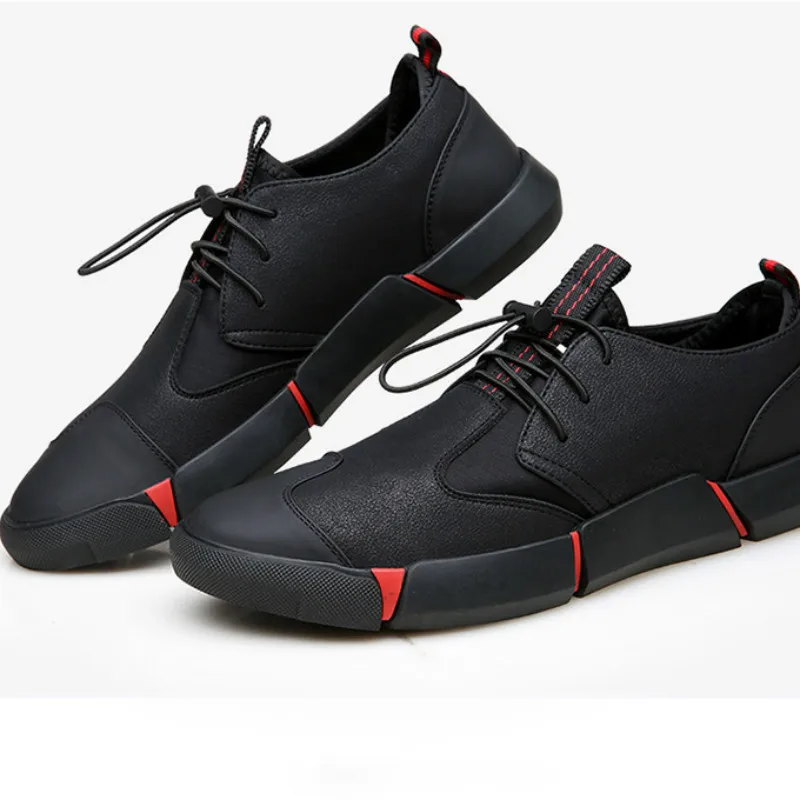 

Dropshipping High Quality All Black Men's Leather Casual Shoes Fashion Breathable Sneakers Big Plus Size 39-46 Fashion Flats