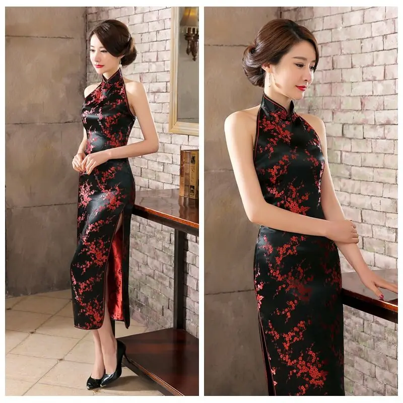 Китайская традиционная Для женщин Cheongsam сатиновое платье-Ципао в китайском стиле Стиль платье с лямкой на шее, для вечеринок, с вырезом на спинке, облегающее китайское свадебное Ципао Vestido