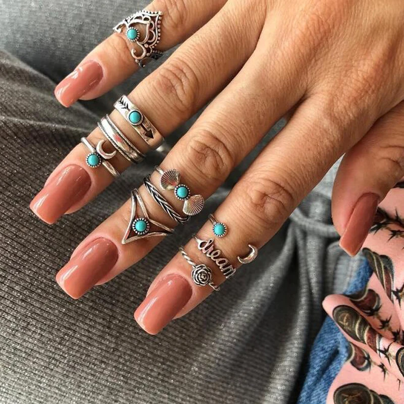 docona Antique Silver Carved Geometric Rings Set for Women Letter Hand Flower Knuckle Midi Rings Set Bohemian Jewelry