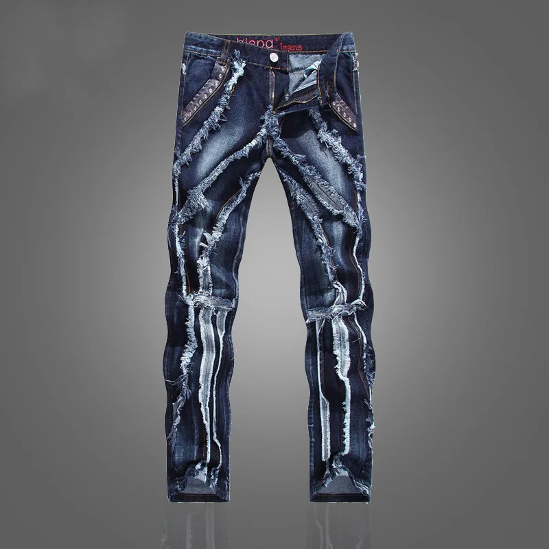 Hot Sale Ripped Jeans for Men Fashion Rivet Casual Original Brand Designer Elastic Blue Denim Mens Clothes Plus Size | Мужская одежда