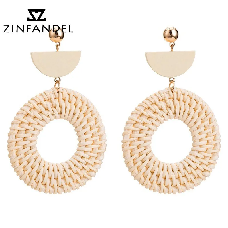 ZINFANDEL Exaggeration Korean Fashion Wood Rattan Weave Big Earrings For Women Ear Nail Round Best Seller Boho Wind Accessories | Украшения