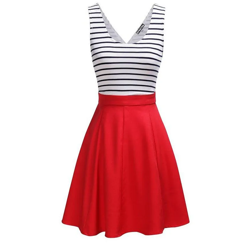

New Ladies Sleeveless 1950s VIntage Style Striped Pattern Empire Waist Tunic Pin Up School Dress