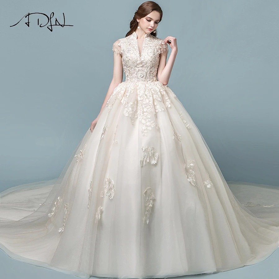 

ADLN Elegant Champagne Royal Wedding Dress High neck Short Sleeves Applique Tulle Ball Gown Wedding Dresses Robe De Mariage