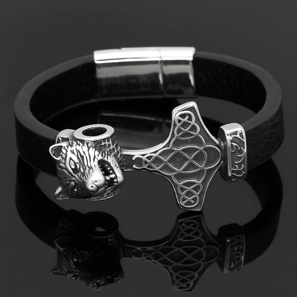 Браслет в скандинавском стиле викингов из нержавеющей стали odin wolf head thor hammer Mjolnir с