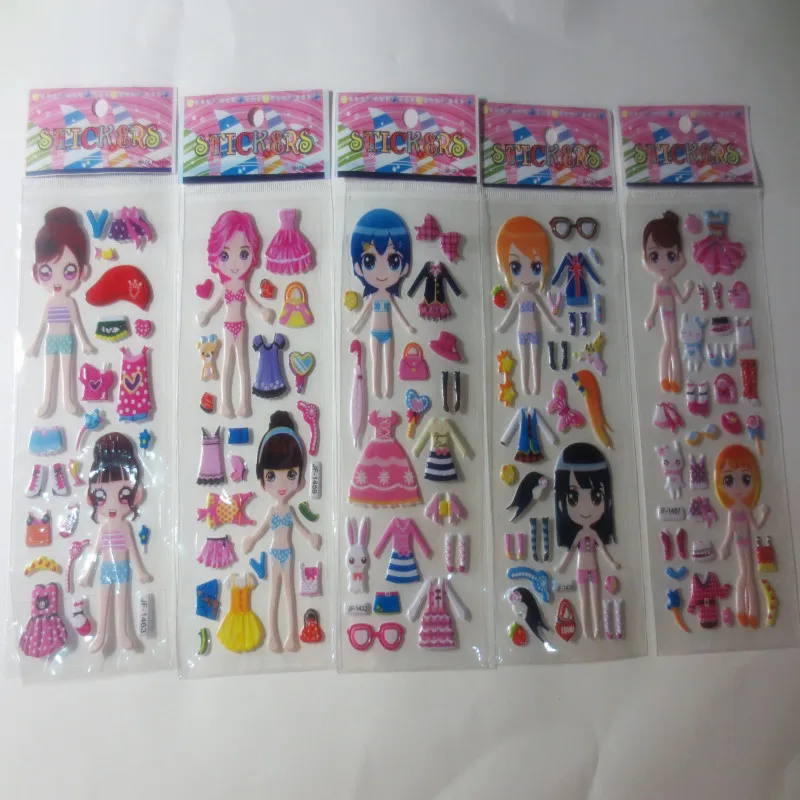 6 Sheets Princess Dress bubble stickers Cute DIY Stickers Lovely Girls Dress up Girl Changing Clothes