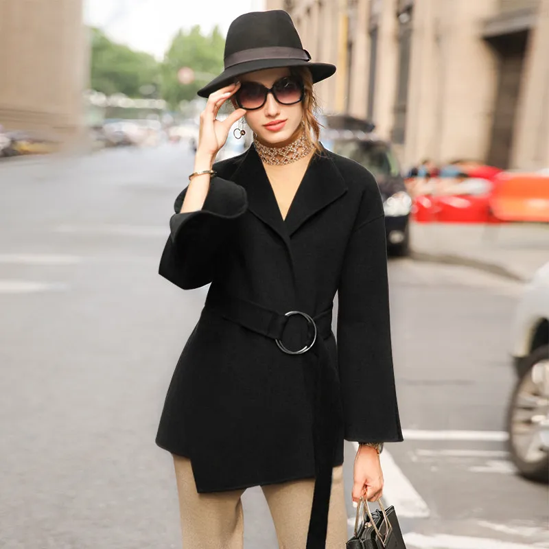 2018 Pardessus Noir Vestes Avec Manteau Femme noir Double Laine Nouveau Manteaux Femmes Blue side Cachemire Ceinture Slim Navy Printemps Z0020 Pour qdF6ZX