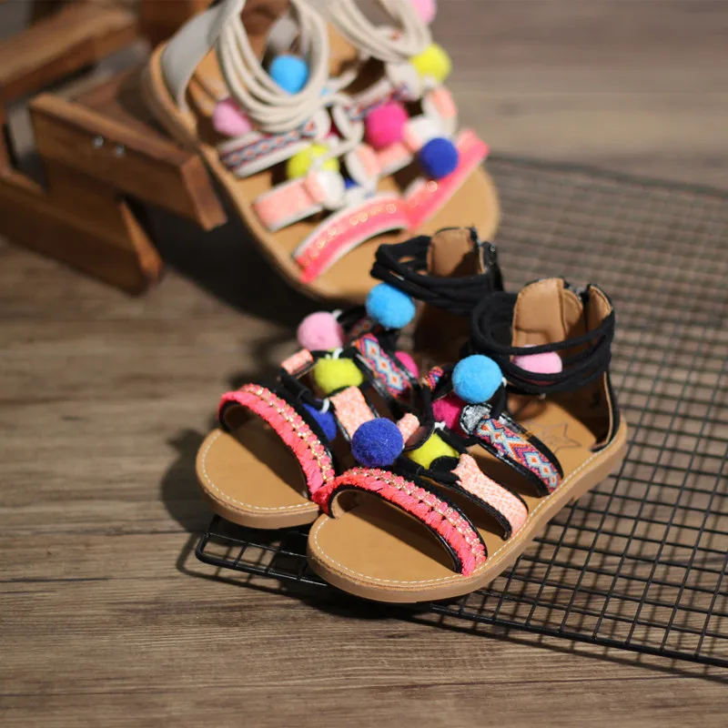 

Summer Girl Sandals Colorful Hairball Open Toe Baby Princess Shoes Top quality Kids Shoes Children Sandals 6T