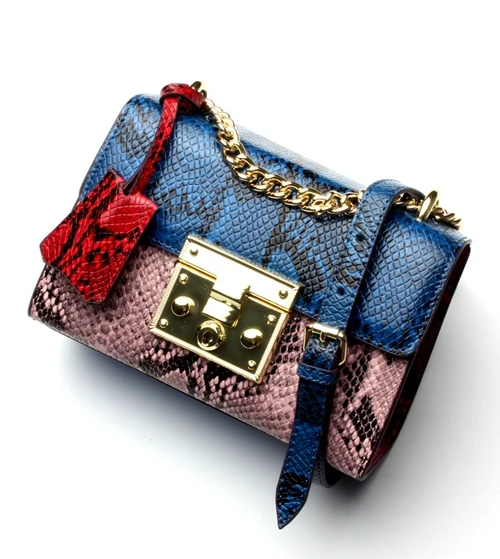 DOYUTIG бренд Европейский дизайн натуральная кожа маленький Змеиный клапан с зеленым и розовым цветом для женщин Роскошные сумки через плечо F592 - Цвет: Blue