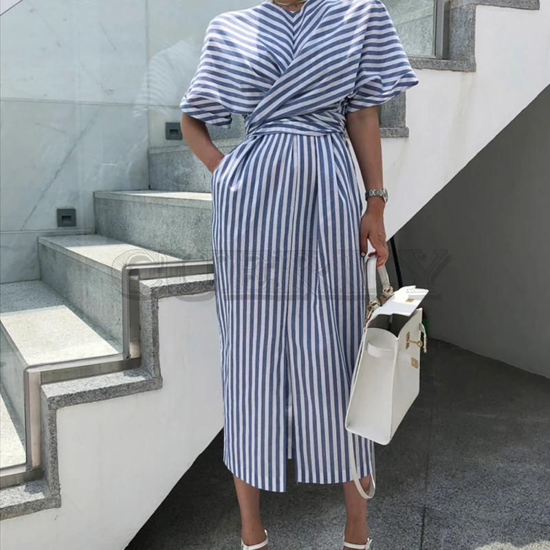 Image 2019 New Korean Women Summer Casual Blue Striped Bandage Split Long Dress Female Long Bodycon Plus Size CUERLY Robe Femme