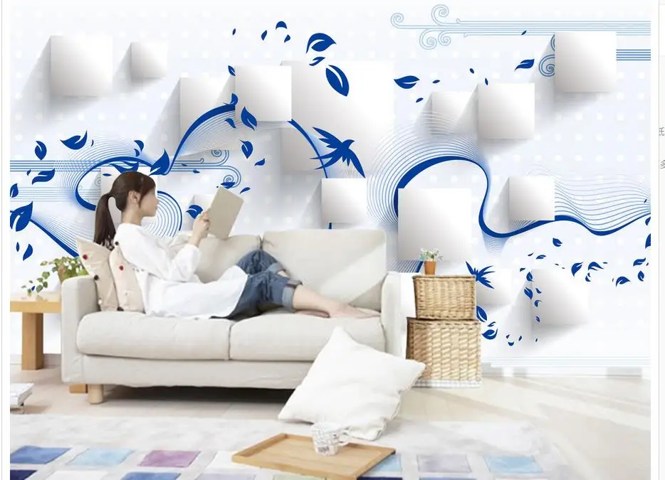

3D Wallpaper Photo Wallpaper High Quality 3D Stereoscopic Geometric Blue Leaf Three-dimensional TV Background Wall Mural