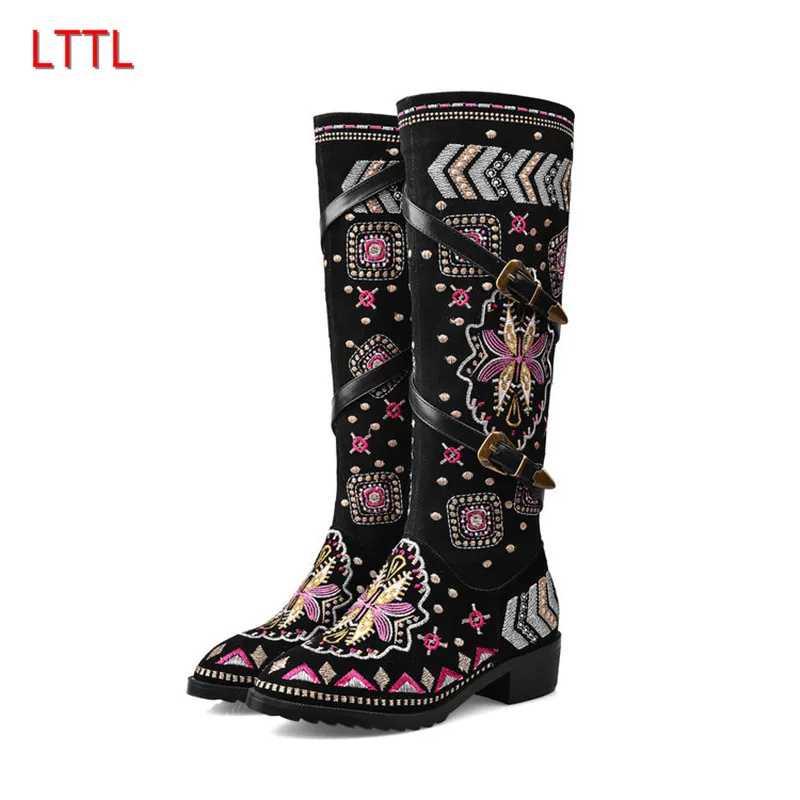 

Chinese Style Studded Buckle Knee High Boots Pointed Toe Embroidery Floral Med Chunky Heel Long Booties For Women