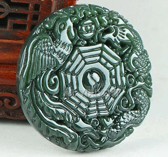 Collier Naturel Noir Vert Jade sculpté dragon Phoenix Bagua Lucky Pendentif 