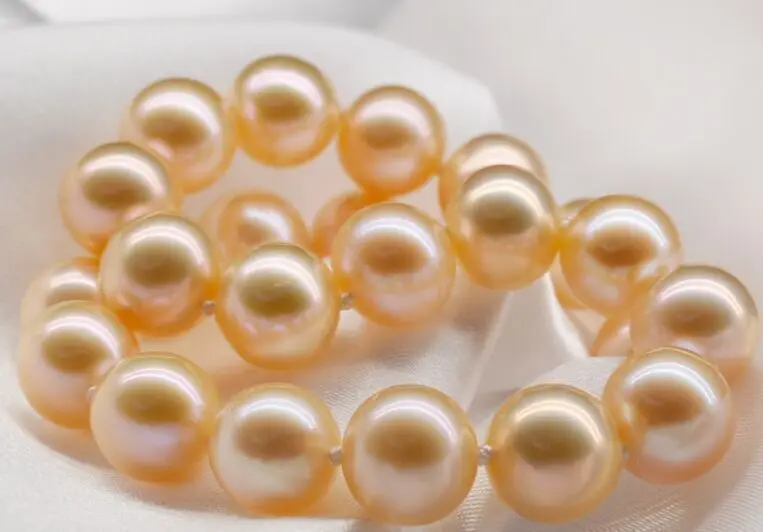 

classic huge high quality 10-11mm round freshwater gold pink pearl necklace 18