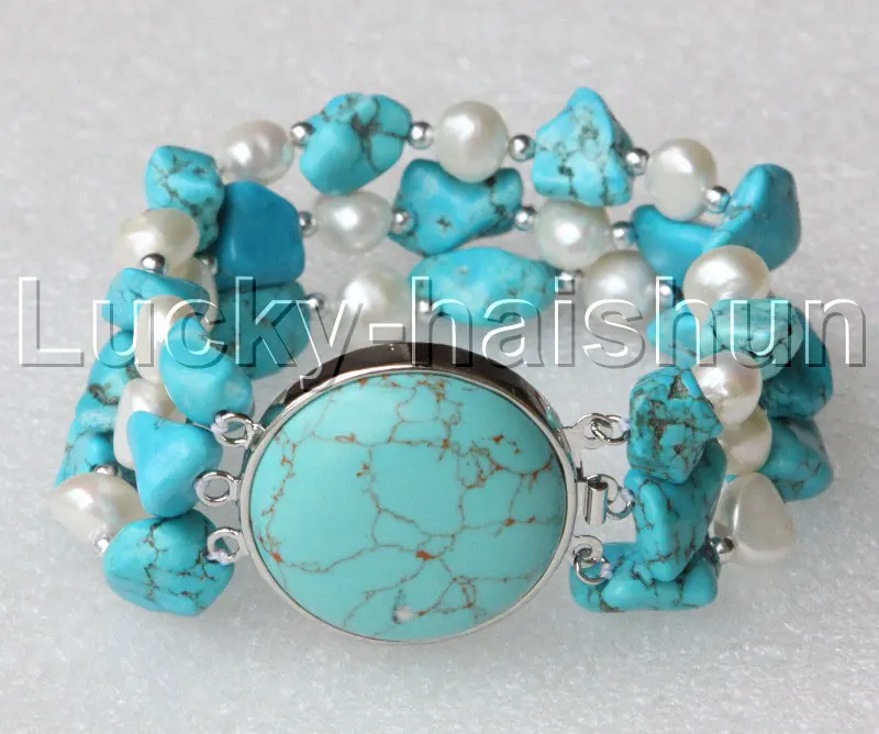 

Free Shipping >> 8" 3row Natural baroque white pearls blue turquoise bracelet j11265