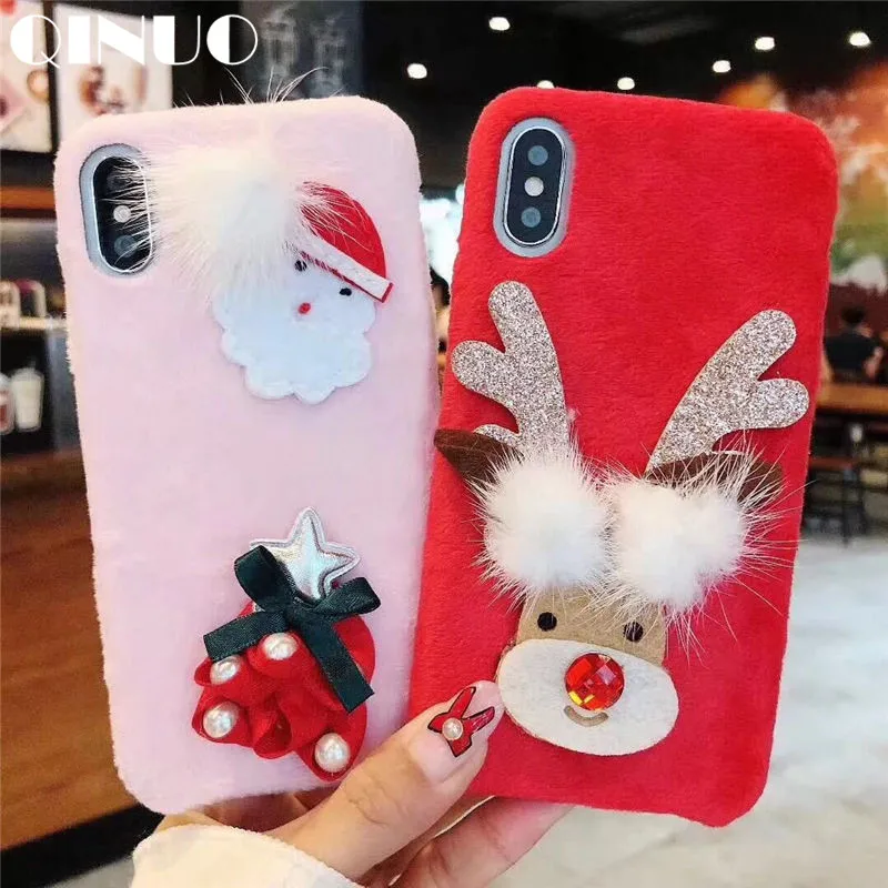 QINUO Christmas Plush Doll Case For iPhone 6 6s 7 8 Plus Cute Cartoon deer Winter Soft X XS Max XR Cover Funda |
