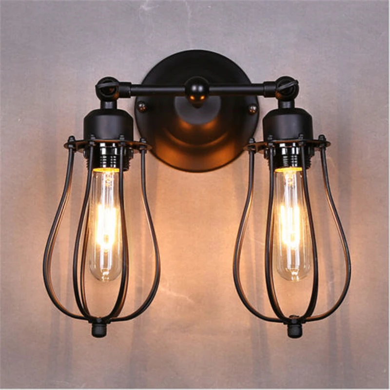

MODERN VINTAGE INDUSTRIAL BLACK LOFT METAL DOUBLE RUSTIC SCONCE WALL LIGHT Bedroom light E27 bulb wall lamp fixture