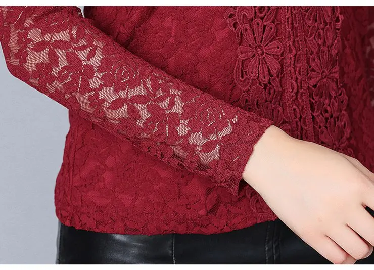 Блузка размера плюс, новинка, модная Женская Осенняя красная блузка, элегантные рубашки с длинным рукавом, кружевные топы, Renda, шифоновая женская блузка S6076