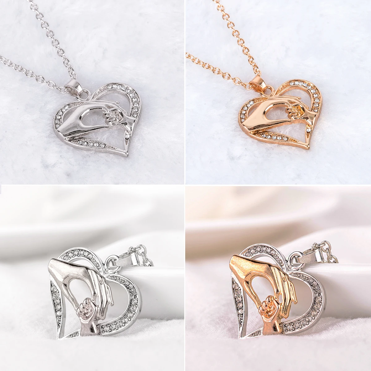 Vintage Collare Mother Child Necklaces Shellhard Crystal Hand in Hand Heart Shaped Pendant Necklace Love Family Jewelry Gift