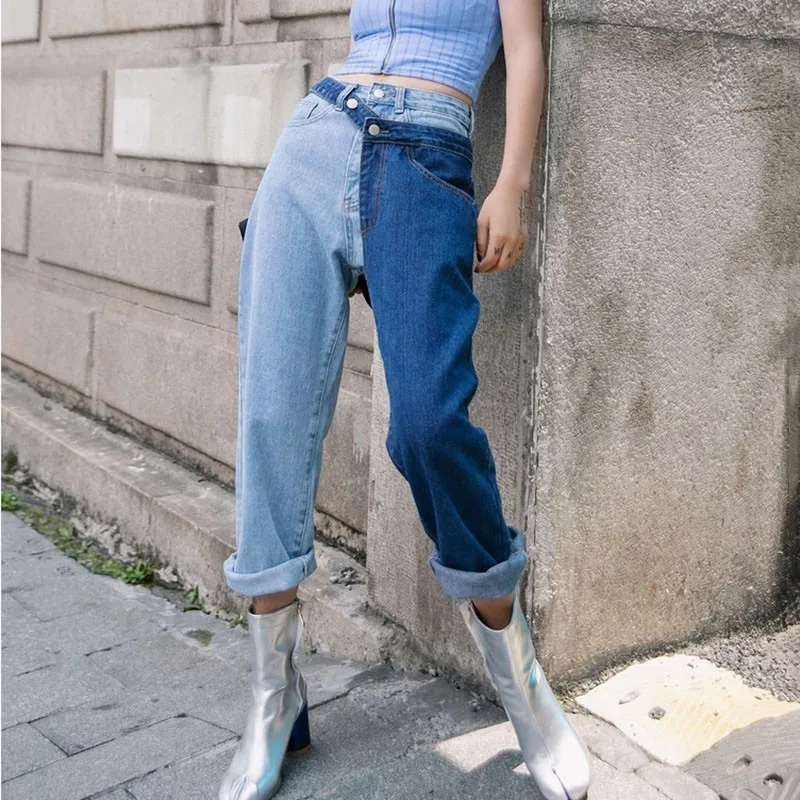 TWOTWINSTYLE Лоскутные хит цвета брюки для женщин Высокая талия лодыжки Длина Джинсовые штаны Большие размеры осенние модные джинсы женские - Цвет: as picture