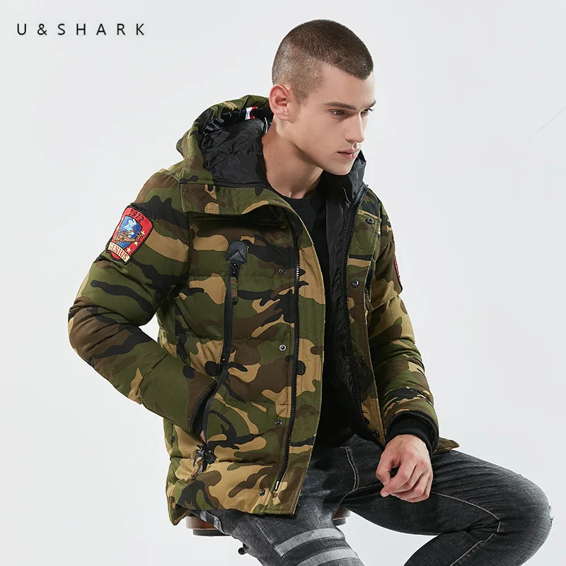 U & SHARK 2018 зимняя куртка мужская одежда на молнии толстые теплые модные камуфляжные пальто Мужская парка Военный стиль камуфляжная верхняя