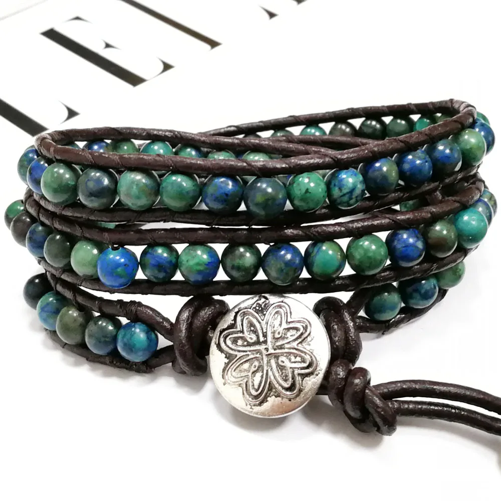 

Yuteng 3 Row Natural Stone Handmade Leather Wrap Bracelet Genuine Leather Lapis Lazuli with Chrysocolla Cuff Bracelet Unisex