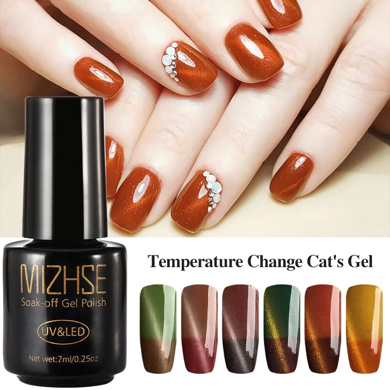 

MIZHSE 7ML Thermal Color Change Cat's Eye Gel Polish Soak off Decals Nails Manicure Art lasting UV Gel Nail 3D Magnetic Cat Eye