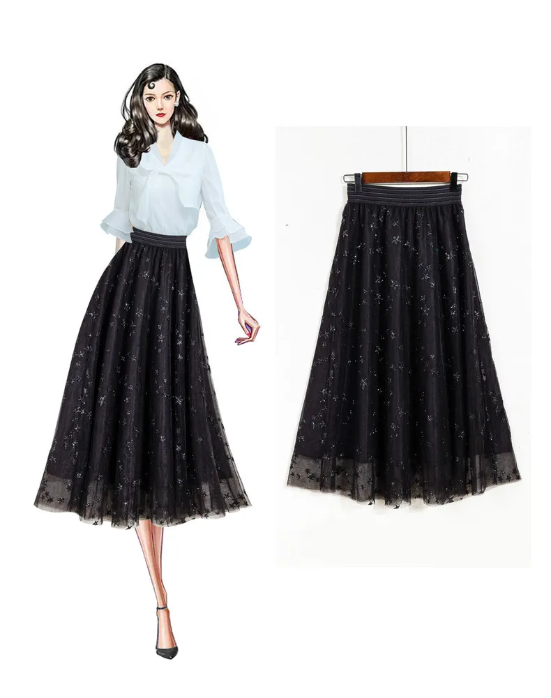 Лидер продаж женские роскошные сетчатая юбка Алина блестками звезды Дизайнерские Высокое качество сладкий юбка ученицы Базовая