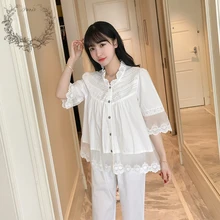 Летний Для женщин пижамы хлопок белый Симпатичные Кружева Набор для сна «Принцессы» тонкие рукава три четверти женская пижама комплекты 115