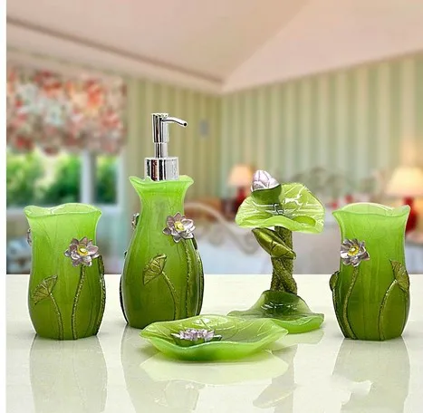 

Resin bathroom Accessories set five pieces set fashion bath set lotus shape bathroom decoration set wedding business giftbox