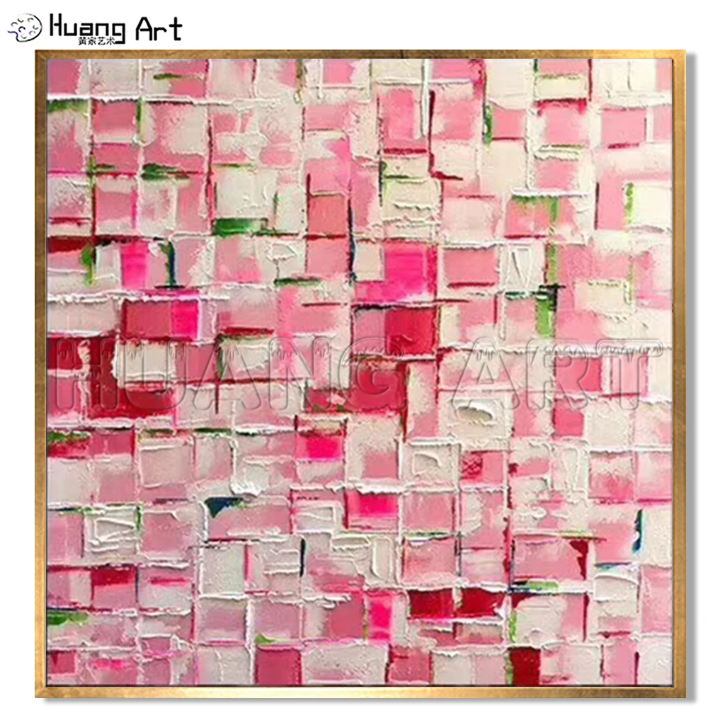 

Hand-painted High Quality Modern Abstract Square Lattice Oil Painting on Canvas for Room Wall Decor Pink Abstract Knife Painting