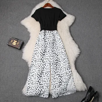 

Europe 2019 Summer Fashion Solid Color Short Knitted Shirt Crop Top And Cropped Print Wide Leg Pants Suit 2 Piece Set Women