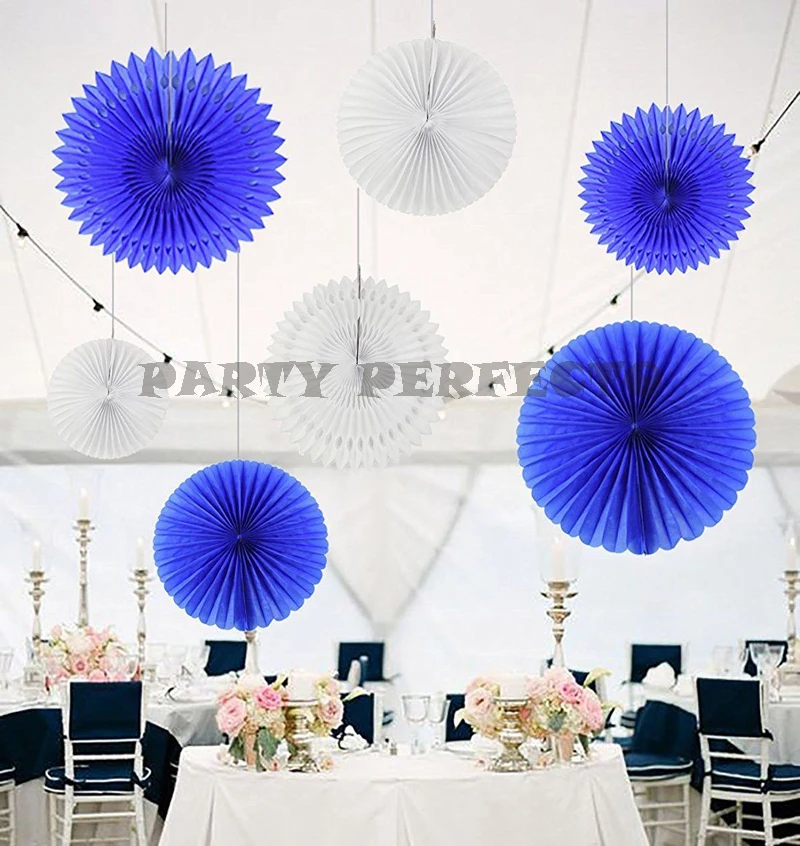 Furuix Honeycomb Tissue Paper Fan Set in White Navy Blue Mixed Sizes for Baby Show-2
