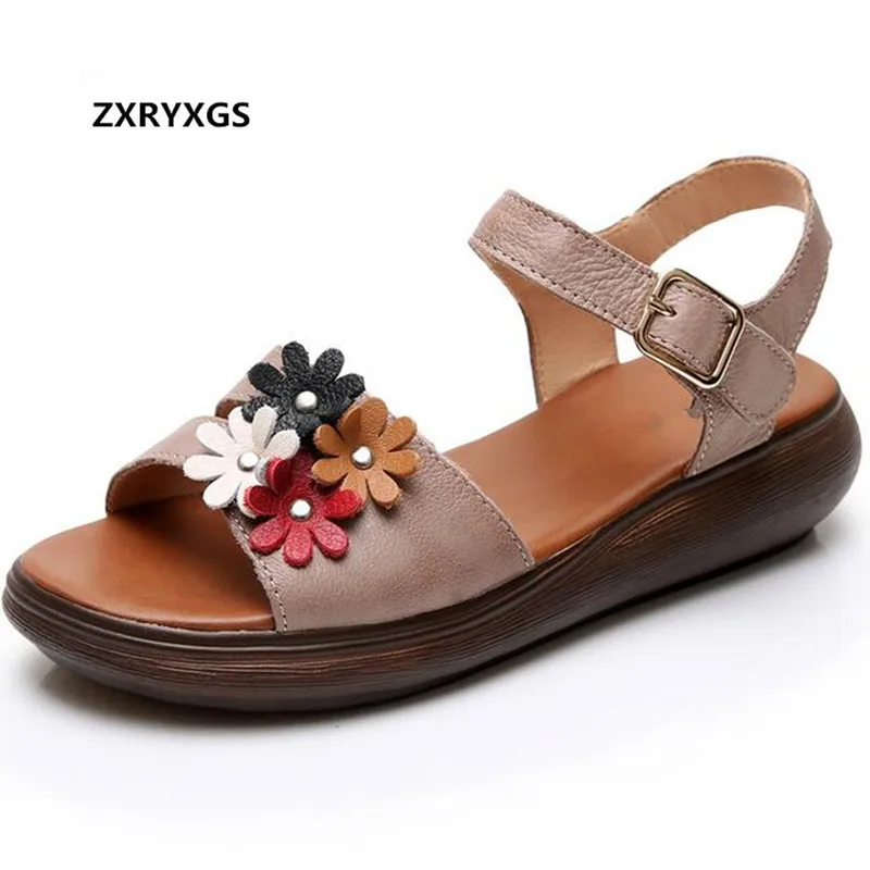 

2019 Summer Elegant Flower Open Toe Genuine Leather Sandals for Women Shoes Light Comfort Wedges Sandals Women Fashion Sandals