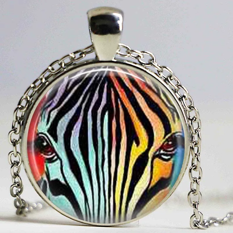 Zebra Necklace Zebra Jewelry Rainbow Jewelry Glass Dome Pendant