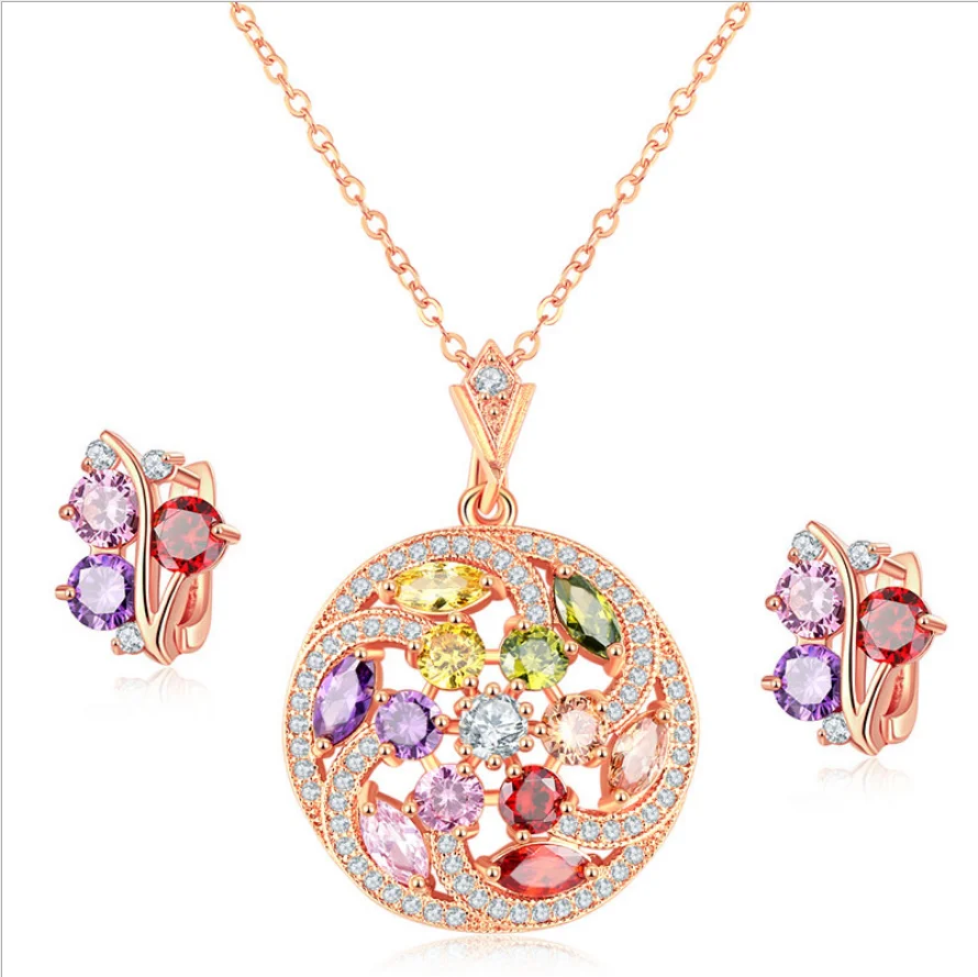 

Round Garnet Morganite Peridot Crystal Zircon Rose Gold Ear Jewelry Set Earring Necklace Pendant M01-JS0088