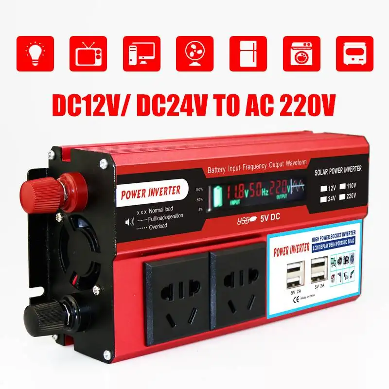 

5000W LCD Display Solar Car Power Inverter Charger DC12/24V to AC220V Sine Wave Converter Adapter Transformer 4 USB Interfaces