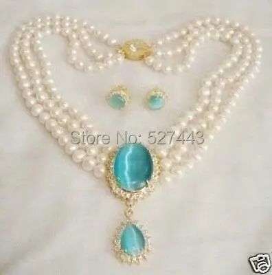 

Wholesale free shipping >>CharmiNg! jewelry Natural white pearl necklace opal pendant earring set