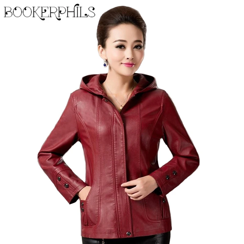 red Del 2019 Dell'unità Inverno Sottile Giacca De Black Cappotto coffee Pelle Autunno Più Con Il Di Delle Formato Femminile Elaborazione blue Maniche Cappuccio A Cuoio Lunghe Donne RSSqrwt