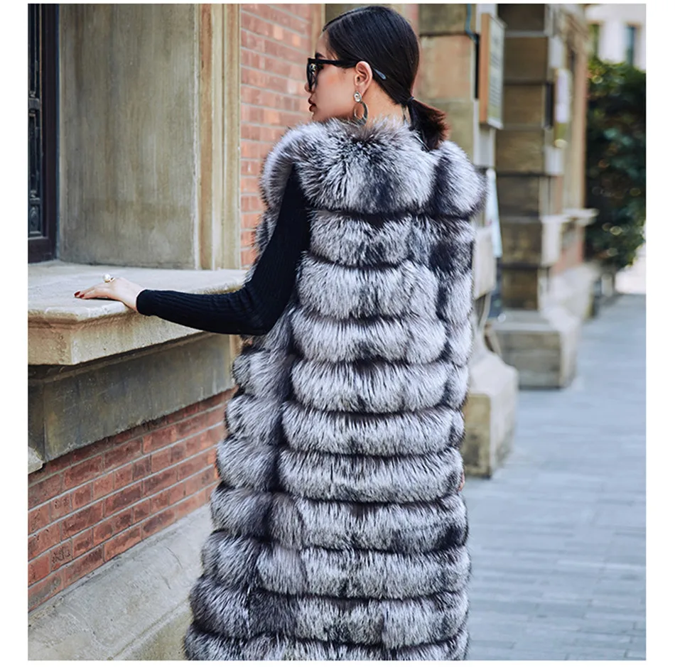 Жилет женский длинный из Меха чернобурки без рукавов 110 см|silver fox fur vest|fox vestsilver vest |