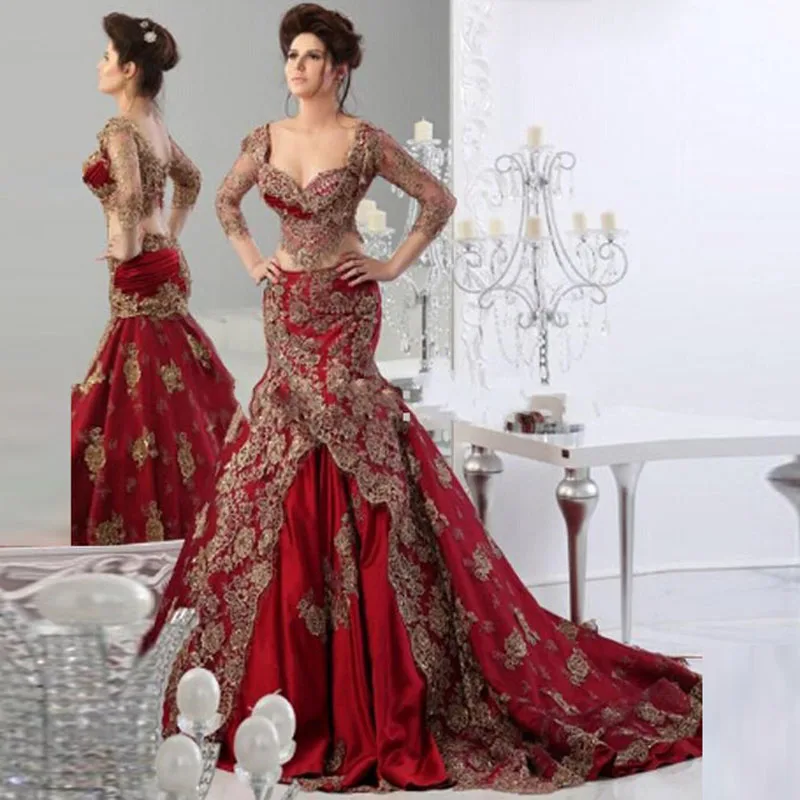 

Saudi Arabia Burgundy Evening Gowns Mermaid Appliques Elegant Evening Wear Long Sleeves Beaded Formal Prom Party Gowns 2018