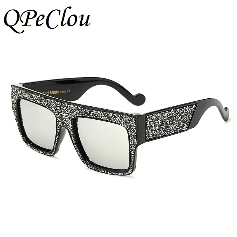 QPeClou негабаритных роскошные квадратные солнцезащитные очки с кристаллами для женщин, градиентные солнцезащитные очки с бриллиантами, мужские зеркальные линзы, унисекс, оправа для очков - Цвет линз: Silver0359