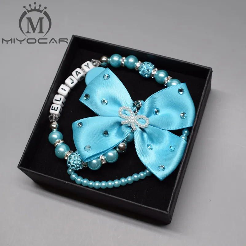 MIYOCAR любое имя Bling blue rhinestone Лук blueand синие Бусины пустышка зажим держатель соска держатель/зажим для прорезывателя