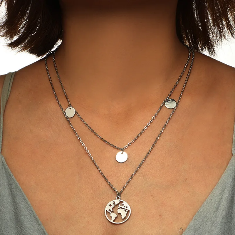 

New Fashion Personality Street Shooting Circle World Map Double Sequins Simple Hollow Necklace Statement Necklace Colares
