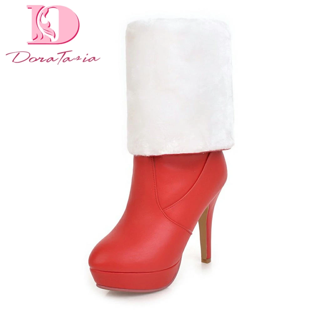 

DoraTasia Large Size 32-43 Slip On Sexy Shoes Woman Thin High Heels Warm Winter Boots Woman Shoes Platform Mid Calf Boots